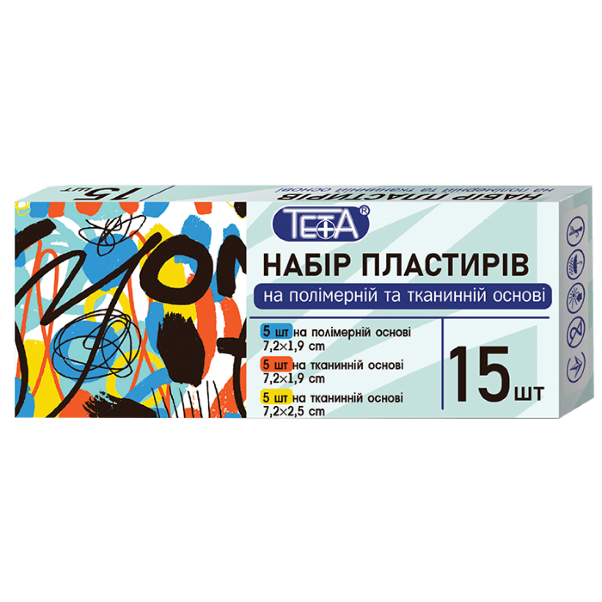 Набір пластирів Тета, на полімерній та тканинній основі, 7.2х1.9см, 7.2х2.5см, 15 шт.